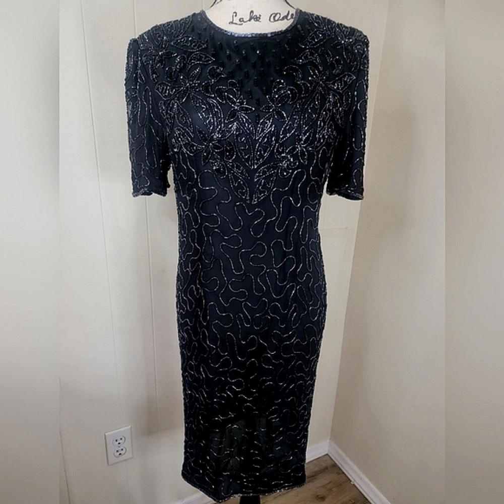 Vintage Allyson Whitmore Large Black Midi Dress 100% Silk Beaded Formal